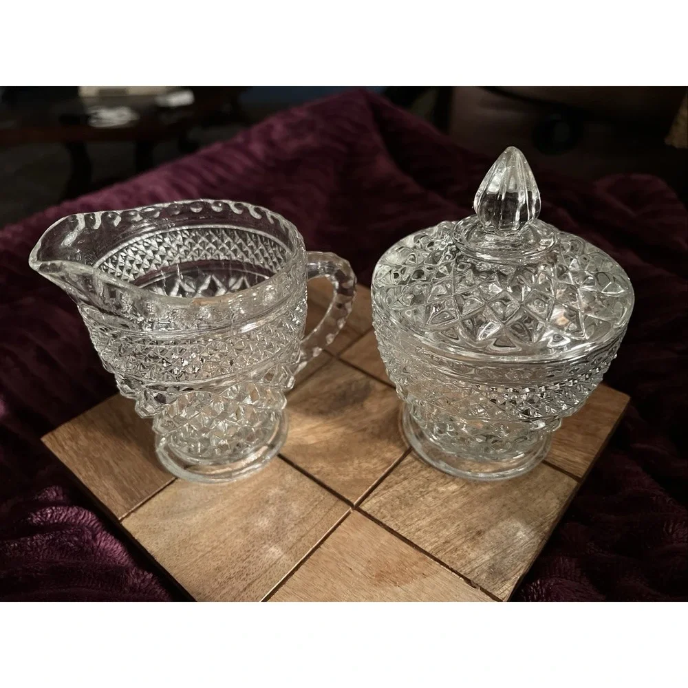 Vtg Anchor Hocking Wexford Diamond Glass Creamer & Lidded Sugar Bowl Farmhouse